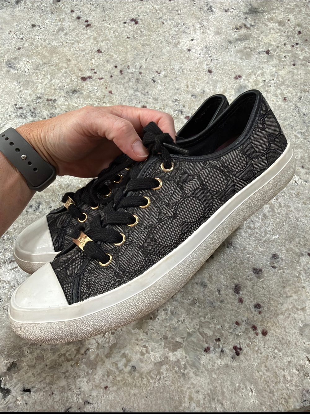 Coach Empire Low Top Sneakers Black Signature Canvas Shoes Lace Up Womens 7.5 - Picture 2 of 7